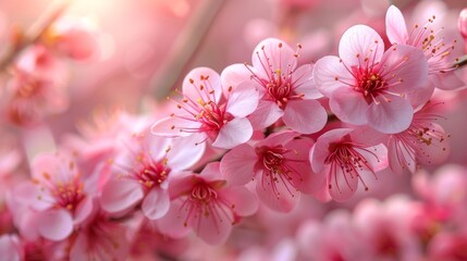  a close up of a bunch of pink flowers on a branch with a blurry background of pink flowers in the foreground.