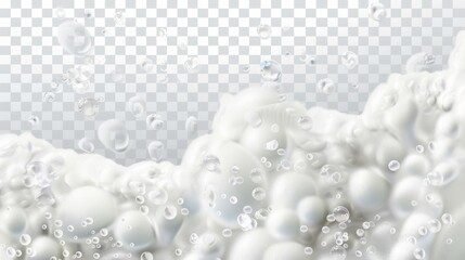 A white foam of soap, suds of detergent, gel or shampoo. Modern realistic illustration, isolated on transparent background, of froth in laundry, beer foam, or fizzy drink foam. - obrazy, fototapety, plakaty