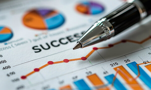 Pen pointing to a rising graph depicting success, with SUCCESS text, symbolizing goal achievement, business growth, and performance metrics on paper