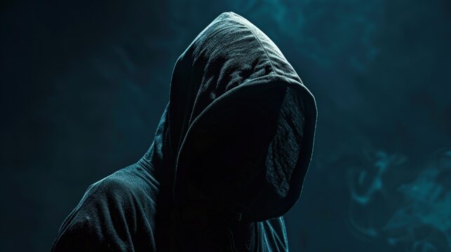 Illustration of a man wearing a mask and hood. Symbol of a group of hackers. AI generated.