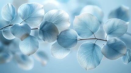  a close up of a branch of a tree with blue leaves and a blurry background of blue and white leaves.