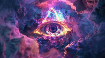 Illustration of the All-Seeing Eye is Very Colorful and Dynamic with Volumetric Lighting. - obrazy, fototapety, plakaty