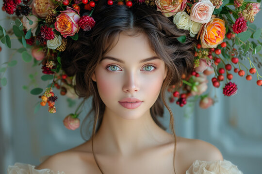 Beautiful young woman with lovely wreaths of flowers on her head.