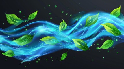 Realistic 3D modern illustration showing freshness effect, blue air flow with green leaves. Waves and swirls, wand trails, menthol breath, or detergent isolated on transparent background. - obrazy, fototapety, plakaty