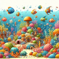 A whimsical underwater world teeming with colorful coral reefs, playful fish, and hidden treasures.
