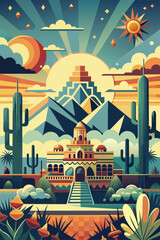 Mexican poster desert Mexico background festive backdrop with cactus for festival Cinco de mayo. Vibrant, retro-styled illustration featuring a desert scene with cacti, mountains, decorative sun
