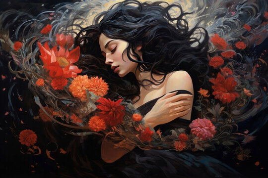 artwork depicting a serene woman entwined with blossoming flowers