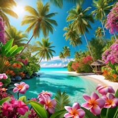 Fototapeta na wymiar A tropical paradise with lush palm trees, crystal-clear waters, and exotic flowers in full bloom.