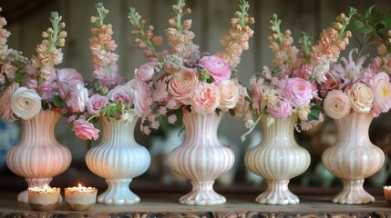  a group of vases filled with flowers sitting on top of a table next to a candle lit candle holder.