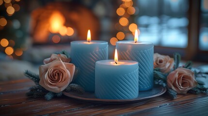  a couple of white candles sitting on top of a wooden table next to a couple of roses on top of a plate.