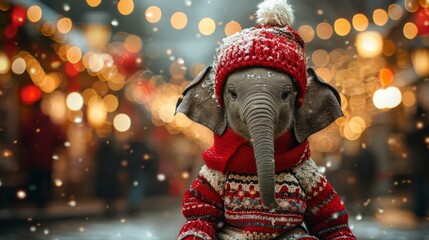  an elephant wearing a red and white sweater and a red hat with a white pom pom on it's head. - obrazy, fototapety, plakaty
