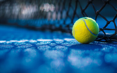 Tennis Ball Against the Net on a Reflective, Damp Court at Dusk. - obrazy, fototapety, plakaty