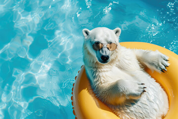 A polar bear reclines on a yellow float in a sparkling blue pool, an amusing twist on wildlife leisure.