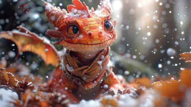  a close up of a dragon figurine with snow on the ground and trees in the background and snow falling on the ground.