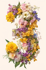 number three is made of flowers on an isolated white background. Celebration concept. For birthday, jubilee, anniversary, card, invitation, flyer, letter, florists