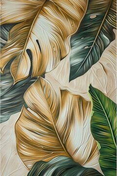 a large painting of tropical leaves on a beige background, in the style of light green and gray