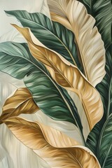 a large painting of tropical leaves on a beige background, in the style of light green and gray