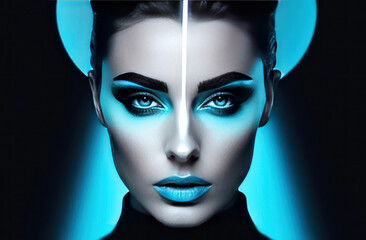 Dive into the dual-toned world with this mesmerizing portrait featuring striking makeup