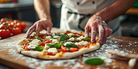 An experienced chef creates a delicious pizza in a bustling kitchen. Concept Cooking, Pizza Making, Chef Skills, Kitchen Environment, Culinary Art - obrazy, fototapety, plakaty