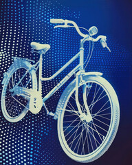 Fototapeta premium Stylish white bike graphic on a blue digital dot matrix backdrop, conveying modern art and cycling vibes