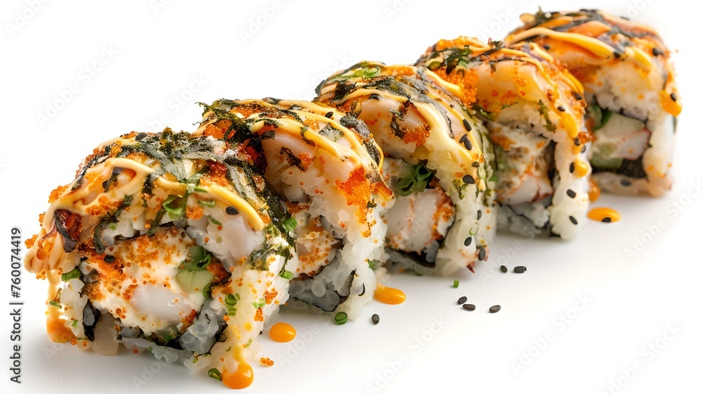 Poster delicious sushi roll isolated on white, japanese cuisine concept. fresh seafood sushi perfect for me