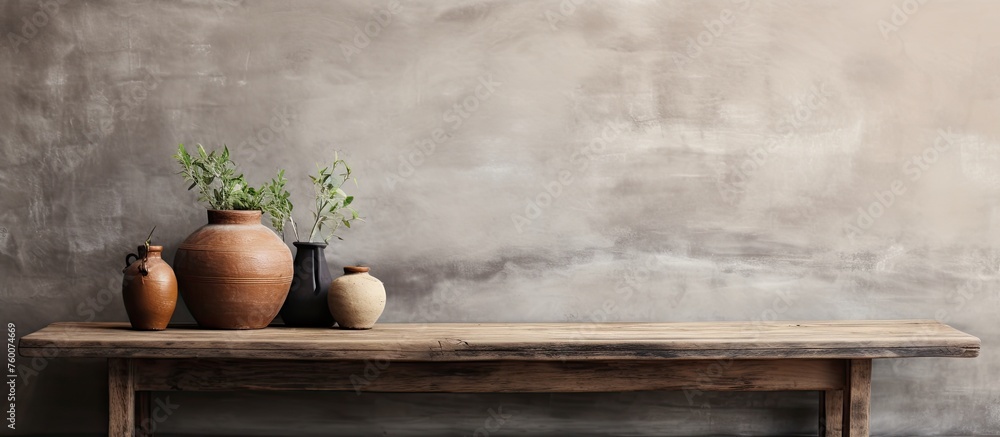 Poster a hardwood table with flowerpots on it placed in front of a concrete wall. houseplants add a touch o