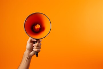 Megaphone in hand isolated on orange background. 3d rendering