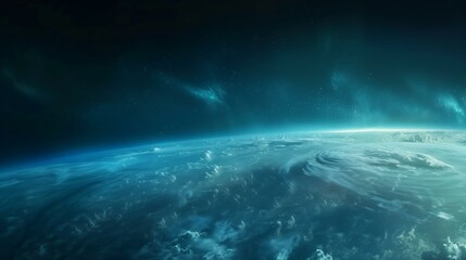 View of planet from space, swirling clouds on the surface, deep blue and teal lighting