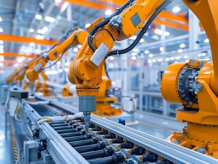 Yellow industrial robot arm at production line at modern factory. Yellow robot arm in maintenance unit. Industrial robot arms in factory.