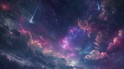A dreamy night sky with stars and shooting comets, pink, purple and blue colors, clouds in the background, - obrazy, fototapety, plakaty