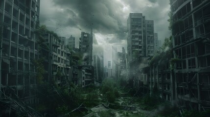 Post-apocalyptic cityscape, eerie deserted urban ruins. overgrown buildings, survival theme, dystopian future. perfect for game backgrounds. AI