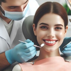  Woman patient sitting in dental chair at medical center while professional doctor fixing her teeth