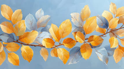  a painting of a branch with yellow and blue leaves on it, against a blue background, with a blue sky in the background.