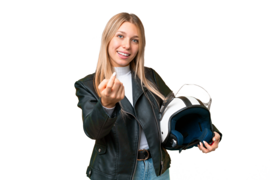 Young pretty blonde woman with a motorcycle helmet over isolated chroma key background doing coming gesture