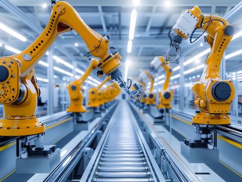 Yellow industrial robot arm at production line at modern factory. Yellow robot arm in maintenance unit. Industrial robot arms in factory.