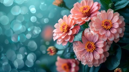  a bunch of pink flowers sitting on top of a lush green leafy plant with drops of water on them.