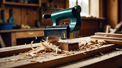 Close-up of a woodworking plane shaving off thin strips of wood. Wood shavings pile up in the background, blurred workbench with chisels and saws visible.