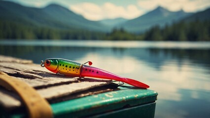 A close-up of a brightly colored fishing lure with a realistic design. Blurred background shows a tackle box and a serene lake with mountains in the distance. - obrazy, fototapety, plakaty