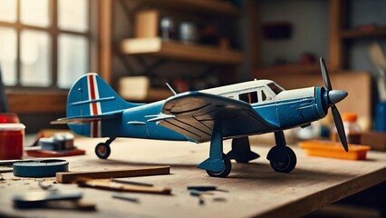 A close-up of a partially assembled airplane model with tiny detailed parts. Blurred background shows paintbrushes and glue on a workbench. - obrazy, fototapety, plakaty