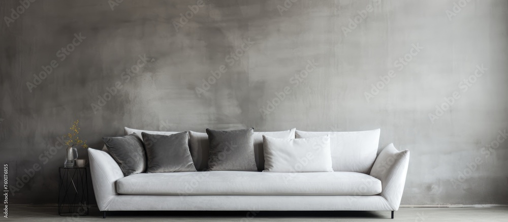 Canvas Prints A white couch made of wood is placed in front of a gray rectangular wall in a living room. The flooring is a sleek wood finish, adding a touch of elegance to the space