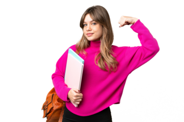 Young student girl over isolated chroma key background doing strong gesture