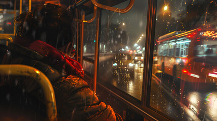 The back of a person sitting in a public bus on a rainy evening just before the crash. Moment of solitude amidst the chaos of urban life. Gen AI