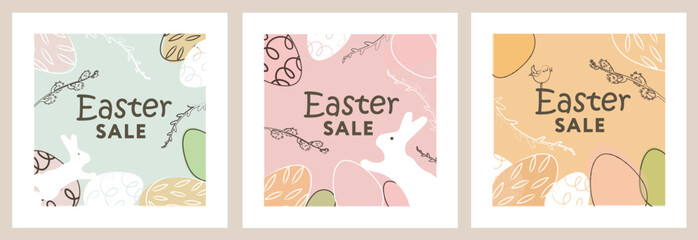 Happy Easter Set of Sale banners, greeting cards, posters, holiday covers. Trendy design with typography, hand painted plants, eggs and bunny, in pastel colors. Modern art minimalist style.