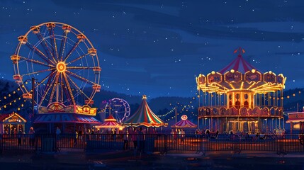 Vibrant amusement park at night with illuminated rides and stalls. colorful, festive atmosphere captured in illustrative style. perfect for family entertainment concepts. AI - obrazy, fototapety, plakaty