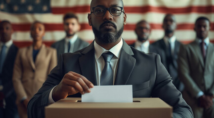 Voting in the United States, choosing a president, black people and a man in a business jacket lowering a bust white piece of paper into the ballot box against the backdrop of the American flag - Powered by Adobe