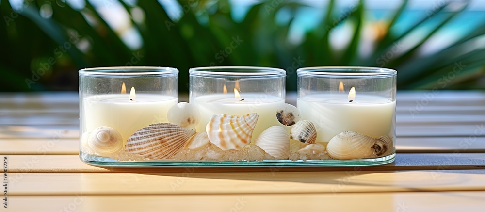 Poster three candles with seashells are displayed on a wooden table, creating a rustic and seasideinspired 