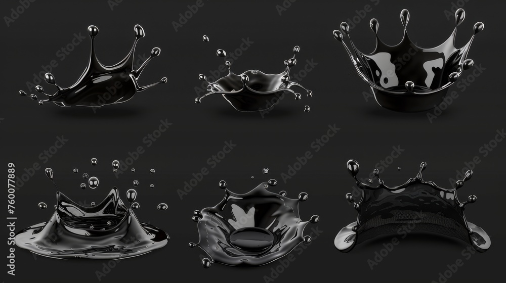 Poster design element for advertising. black liquid splashes, swirls and waves with scatter drops. oil, pai
