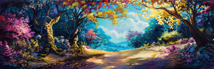 Fototapeta na wymiar Enchanting forest painting glowing with autumn's vibrant hues