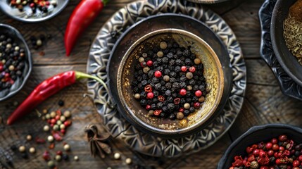 Close-up of Black and Chili Peppers on Wooden Table Generative AI