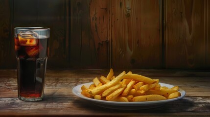 Comfort Food: French Fries and Cola on Wooden Table Generative AI